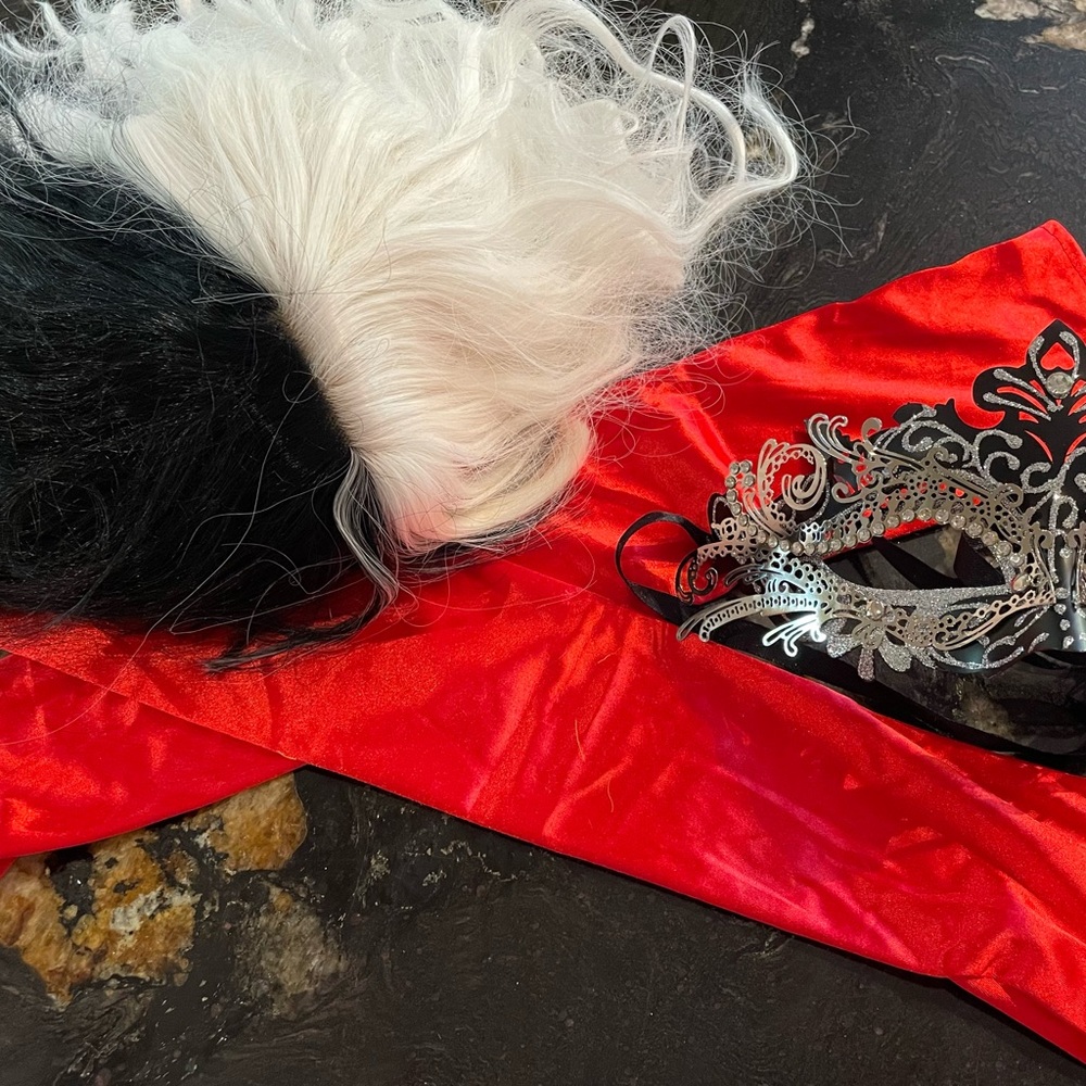 Adult Costume Set - Black/White Cruella Wig, Gloves, Mask